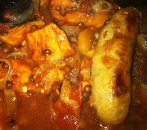 Sausage, Sweet Potato, and Lentil Casserole