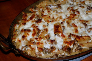 Penne Gratin with Sausage, Fennel, and Mushrooms