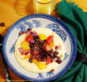 Stoneground Grits with Cheddar Cheese and Spicy Black Beans