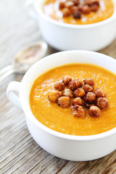 Slow Cooker Squash Soup with Maple Roasted Chickpeas