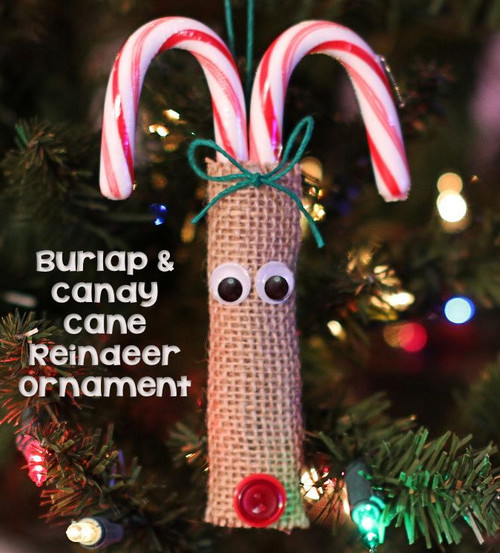 Burlap and Candy Cane Reindeer Ornaments Burlap and Candy Cane Reindeer Ornaments