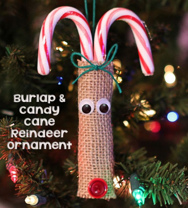 Burlap and Candy Cane Reindeer Ornaments Burlap and Candy Cane Reindeer Ornament