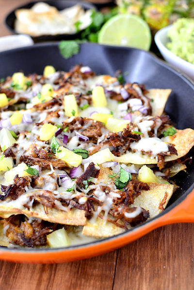 Slow Cooker Hawaiian Pulled Pork Skillet Nachos with Pineapple Guacamole