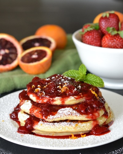 Blood Orange Ricotta Pancakes with Strawberry Orange Sauce