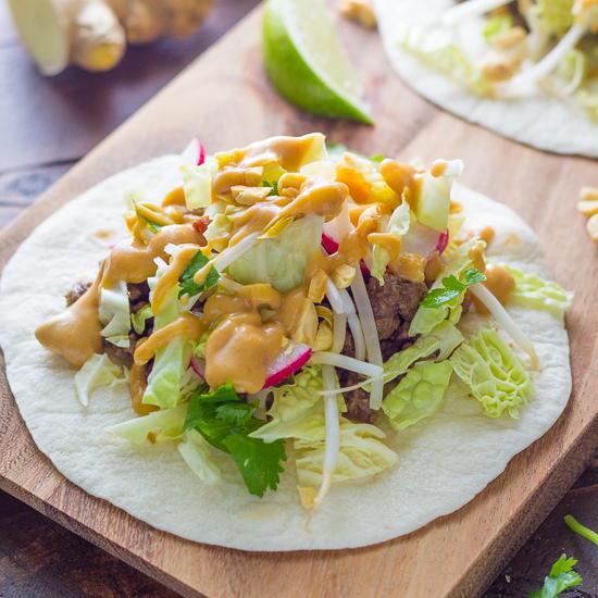 30 Minute Ginger Beef Tacos with Peanut Sauce