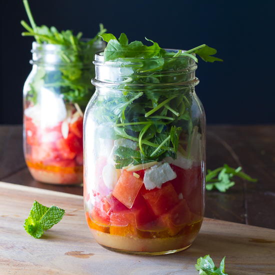Watermelon, Feta, and Arugual Mason Jar Salad Watermelon, Feta and Arugula Mason Jar Salads