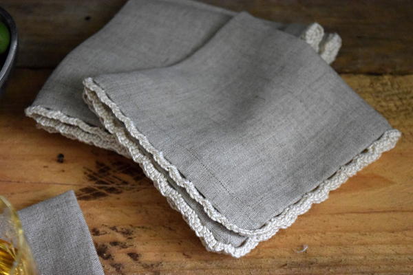 Beautiful Crochet Trimmed Linen Cocktail Napkin