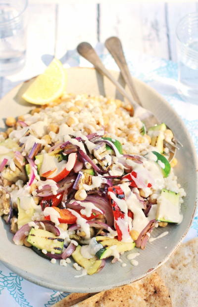 Israeli Couscous Salad with Tahini Dressing Chickpea and grilled vegetable couscous salad with tahini dressing