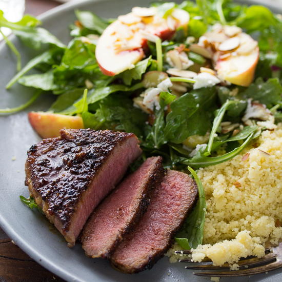 Brown Sugar-Chili Lamb Chops with Peach-Arugula Salad Brown Sugar-Chili Lamb Chops with Peach-Arugula Salad