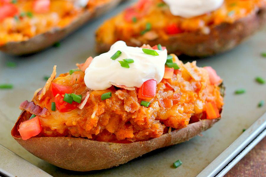 Loaded Twice Baked Sweet Potatoes | FaveSouthernRecipes.com