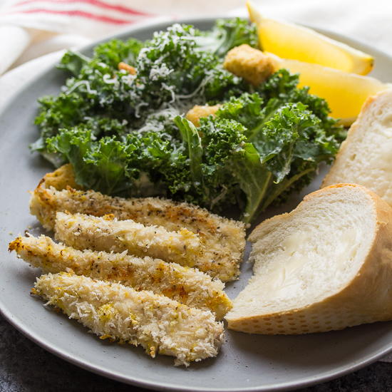 Kale Caesar Salad with Lemon Parmesan Chicken Strips Kale Caesar Salad with Lemon Parmesan Chicken Strips