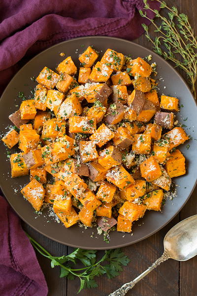 Garlic-Herb Roasted Sweet Potatoes with Parmesan Garlic-Herb Roasted Sweet Potatoes with Parmesan