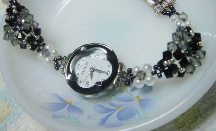 White Pearl and Black Crystal Watchband White Pearl and Black Crystal Watchband