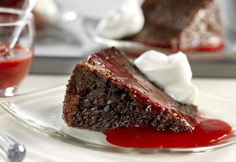 Triple Chocolate Pudding Cake with Raspberry Sauce Triple Chocolate Pudding Cake with Raspberry Sauce