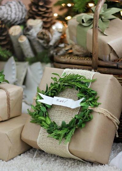 Paper and Boxwood Wreath Wrapping