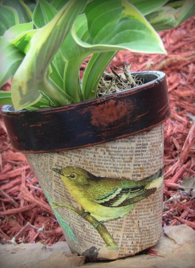 How to Make a Decoupaged Bird Print Clay Pot