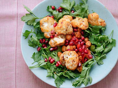 Warm Spiced Cauliflower and Chickpea Salad with Pomegranate Seeds