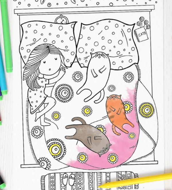 Cat Slumber Party Coloring Page Favecrafts Com