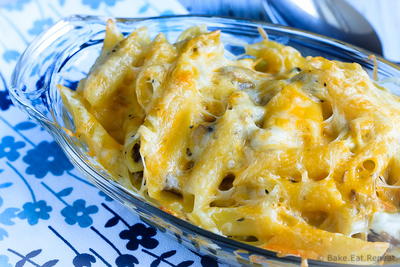 Baked Shrimp Pasta With Mushroom Alfredo Sauce