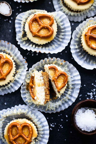 Salted Caramel Pretzel Mini Cheesecakes