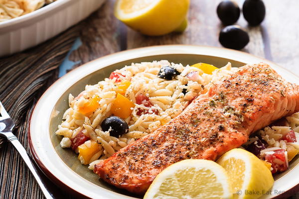 Crispy Salmon with Greek Orzo Crispy Salmon with Greek Orzo