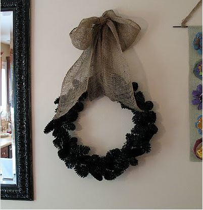 Burlap and Black Pinecone Wreath Burlap and Black Pinecone Wreath