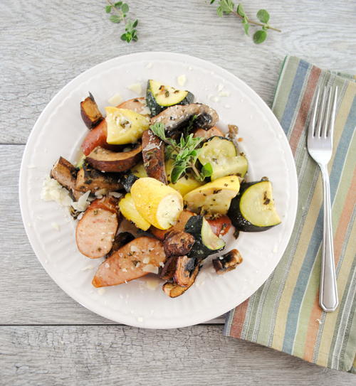Turkey Kielbasa with Roasted Zucchini, Summer Squash and Portobello Mushrooms Turkey Kielbasa with Roasted Zucchini, Summer Squash and Portobello Mushrooms