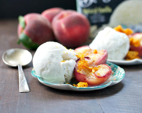 Roasted White Peaches with Honeycomb and Vanilla Ice Cream Roasted White Peaches with Honeycomb and Vanilla Ice Cream