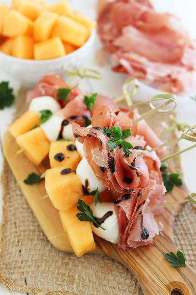 Melon, Proscuitto, and Mozzarella Skewers