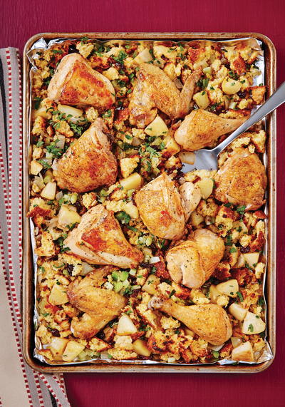 Weeknight Chicken and Stuffing Sheet Pan Dinner