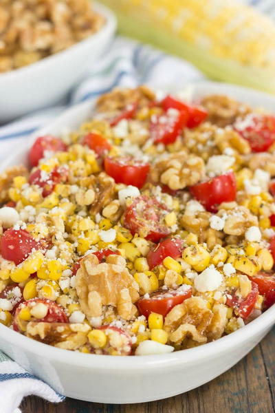 Grilled Garlic Herb Corn and Tomatoes with Walnuts