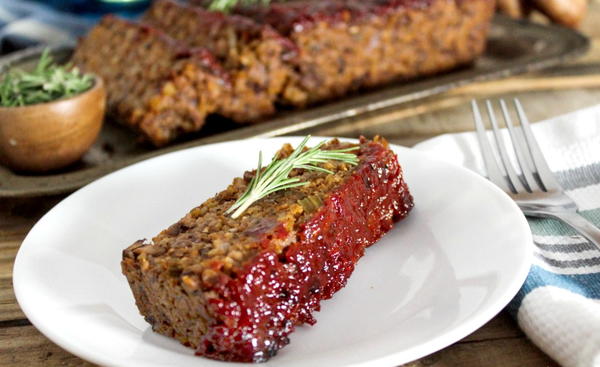 Mushroom-Walnut Meatless Loaf w Ketchup Glaze Mushroom-Walnut Meatless Loaf w/ Ketchup Glaze