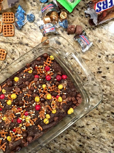 Candy Bar Pretzel Brownies