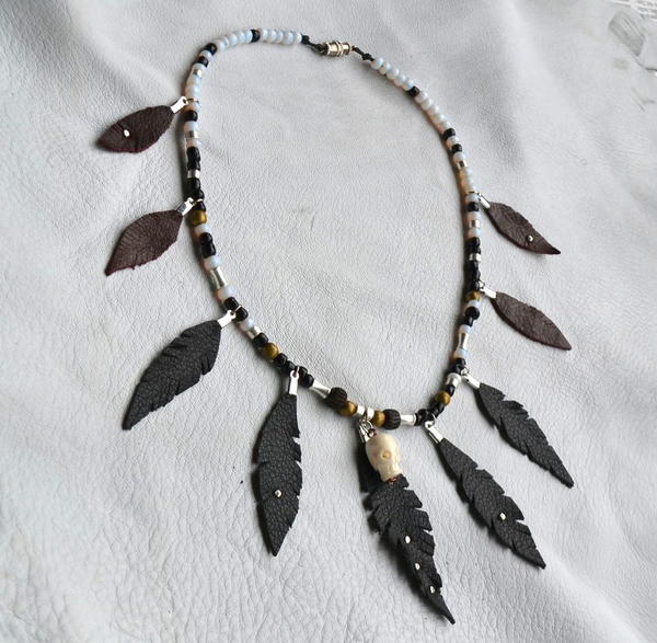 Leather Feather Beaded Necklace Leather Feather Beaded Necklace