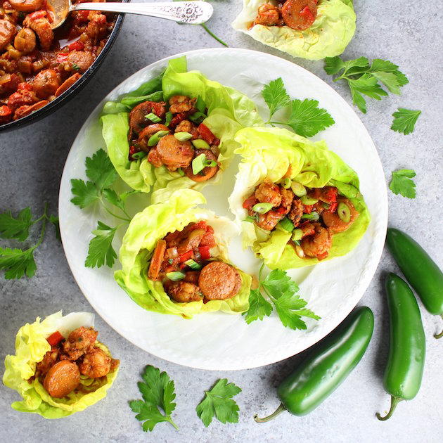 Andouille Sausage and Cajun Shrimp Lettuce Wraps Andouille Sausage and Cajun Shrimp Lettuce Wraps
