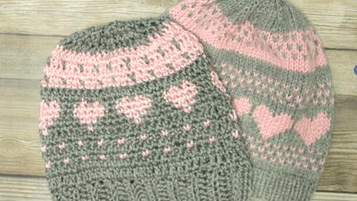 Crochet Fair Isle and Knit Stitch  Hearts Hat 