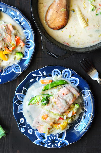 Poached Salmon Recipe with Coconut Milk and Grits