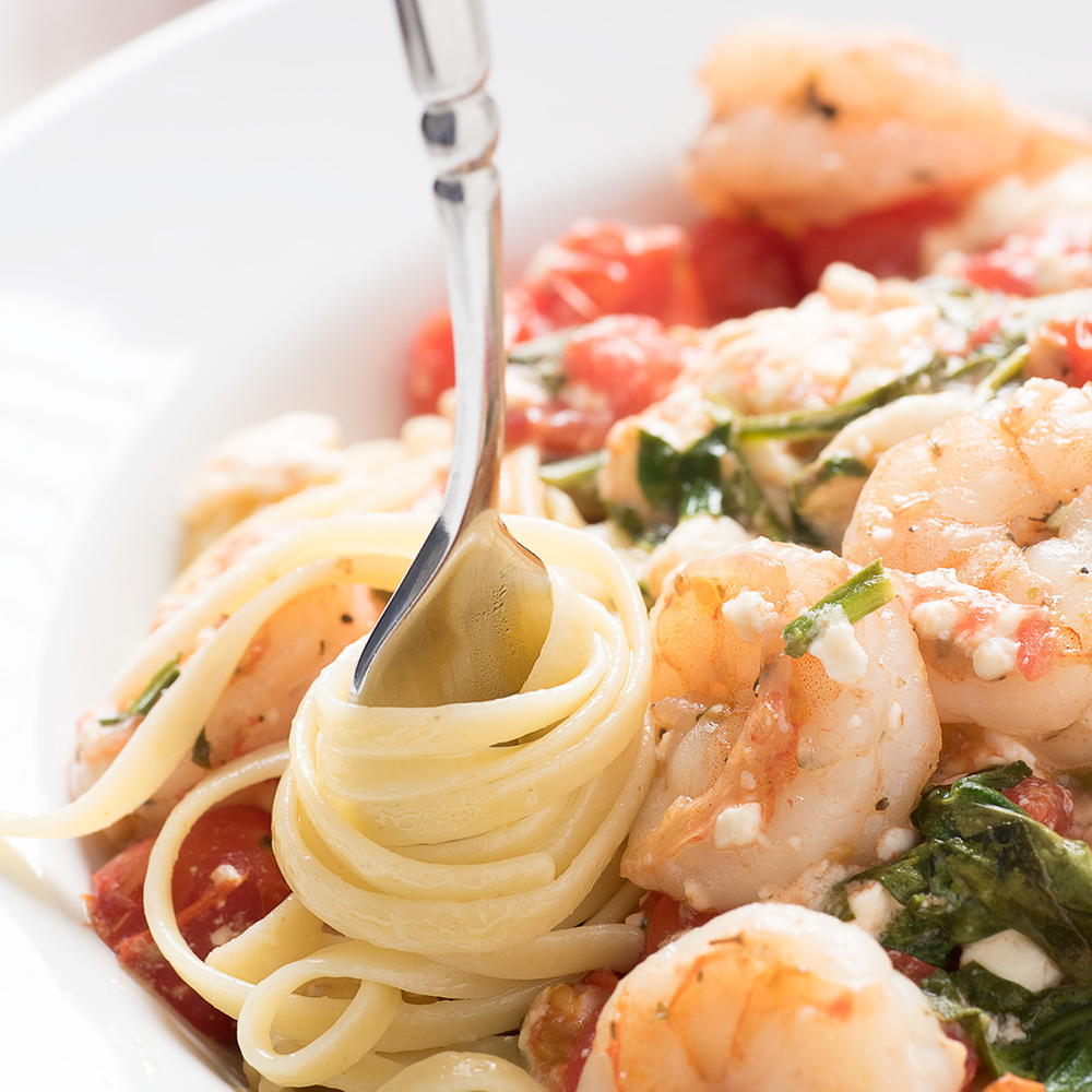 Spicy Shrimp Pasta with Feta & Tomatoes | FaveSouthernRecipes.com