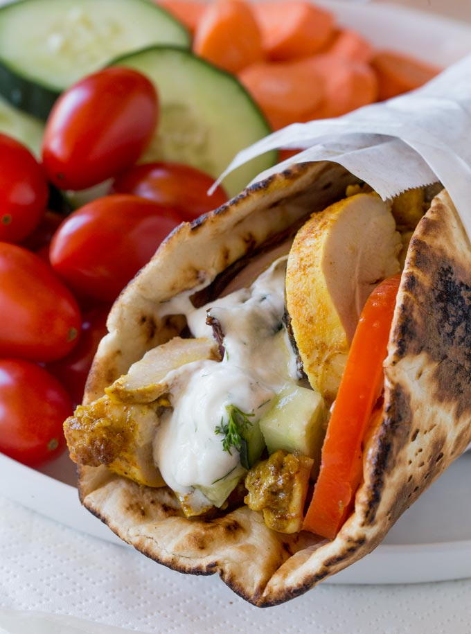 Chicken Shawarma Pita Wraps with Dill Yogurt Sauce | FaveHealthyRecipes.com