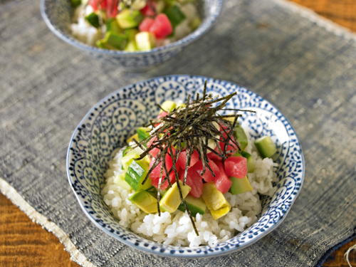 Fresh Tuna Rice Bowl With Cucumber Avocado And Spicy Mayonnaise