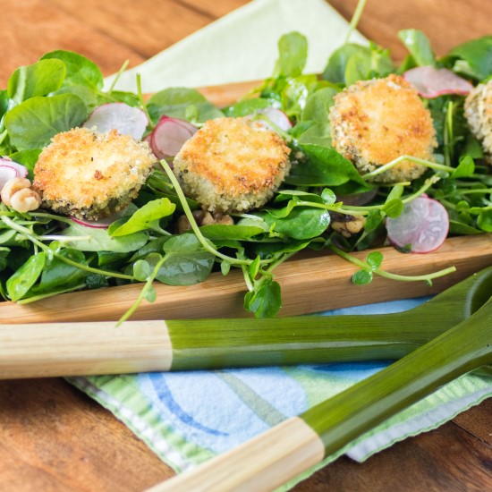 Watercress Radish Walnut Salad with Crispy Herbed Goat Cheese Rounds