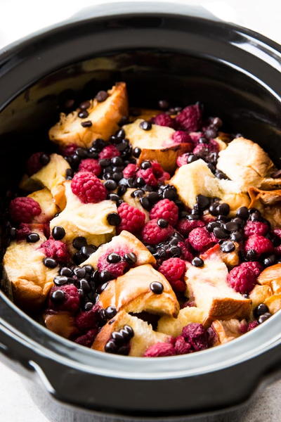 Slow Cooker Raspberry Chocolate Chip French Toast Casserole