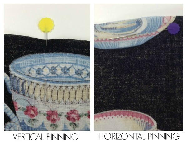 Image shows an example of vertical pinning and horizontal pinning on fabric.