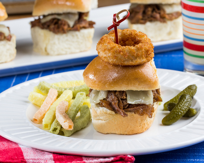 Cheesy Steak Sliders with Onion Rings