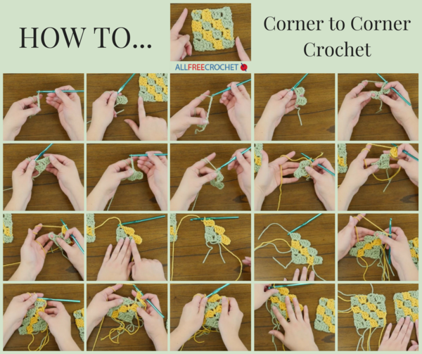 Image shows a collage of step out images with the visual steps of how to corner to corner crochet.