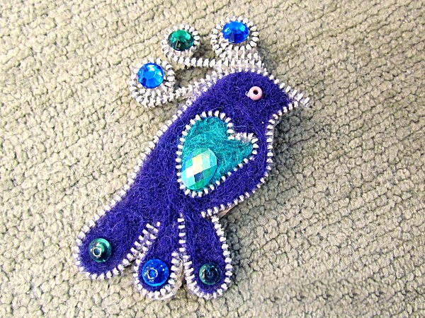 Peacock Zipper Felted Brooch