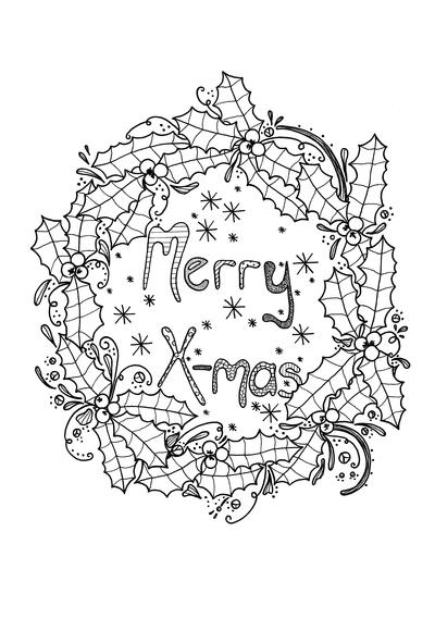 Merry Xmas Wreath Adult Coloring Page