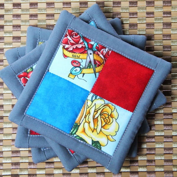 Four Patch Drink Coasters with Faux Binding Four Patch Drink Coasters with Faux Binding