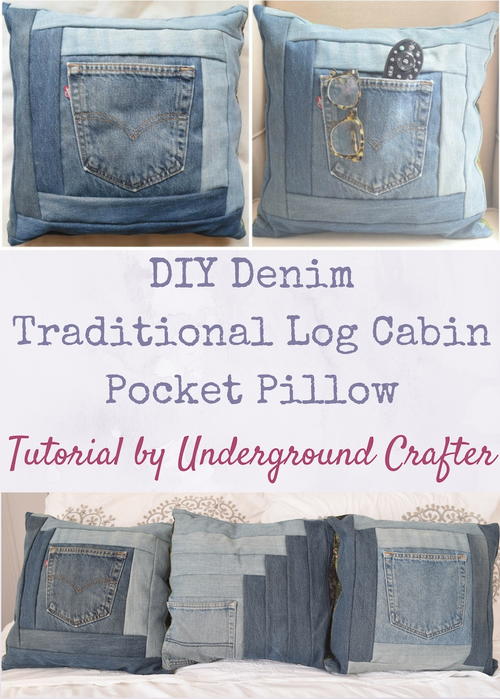 DIY Denim Traditional Log Cabin Pocket Pillow
