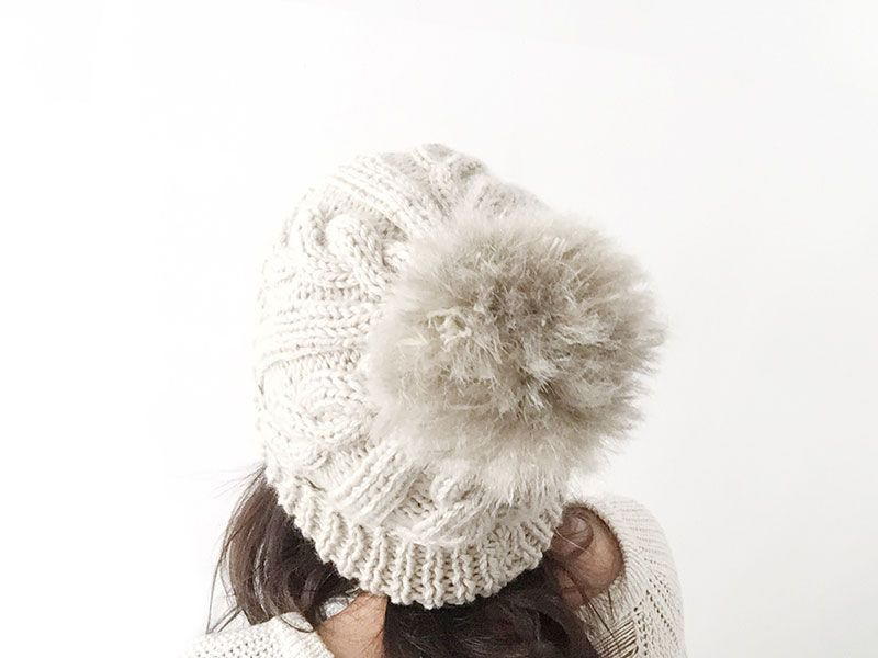 Bulky Wool Hand Knit Beanie Hat with Faux Fur Pom in Women'sTeen & Child Sizes